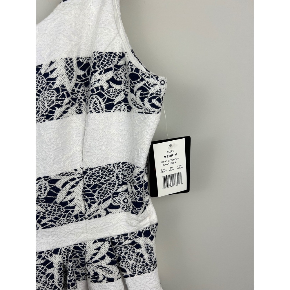 Nautical Navy Blue White Floral Lace‎ Striped Fit Flare Dress size Meduim - Picture 3 of 10